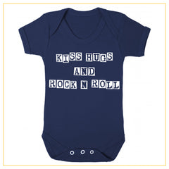 kiss hugs and rock n roll baby onesie in navy blue