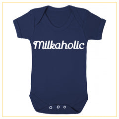 milkaholic novelty baby onesie in navy blue