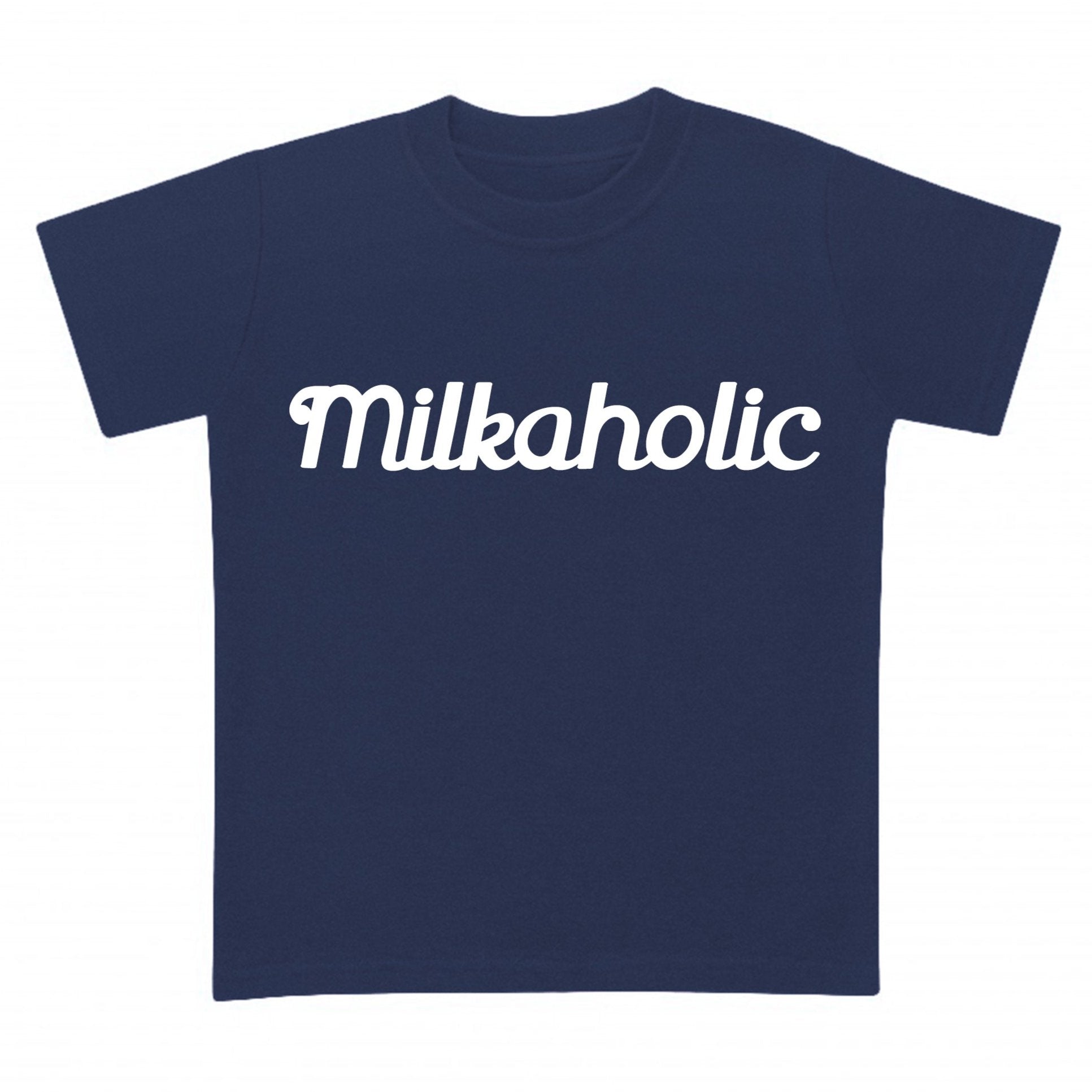 navy blue t-shirt for babies with milkaholic print