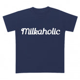 navy blue t-shirt for babies with milkaholic print