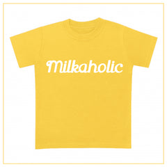 yellow t-shirt for babies with milkaholic print