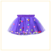 purple tulle tutu with multicoloured pompoms