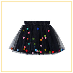 black tulle tutu with multicoloured pompoms