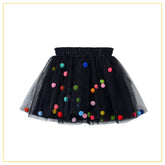 black tulle tutu with multicoloured pompoms