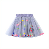 grey tulle tutu with multicoloured pompoms
