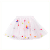 white tulle tutu with multicoloured pompoms