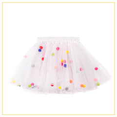 white tulle tutu with multicoloured pompoms