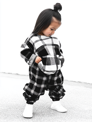 Unisex Kids Harems Pants Black & White Check | Josiah Amari