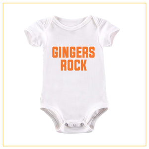 gingers rock novelty baby onesie in white with orange print