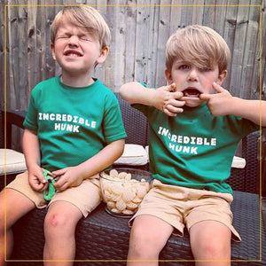boys in green incredible hunk t-shirts