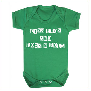 kiss hugs and rock n roll baby onesie in green