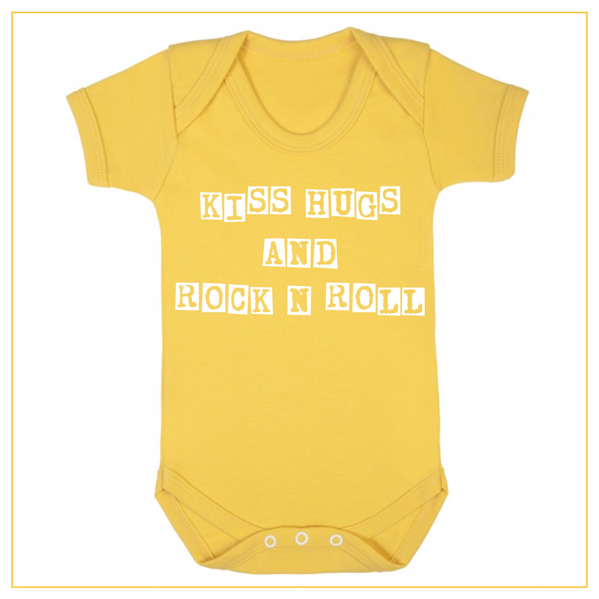 kiss hugs and rock n roll baby onesie in yellow