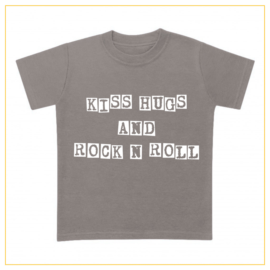 kiss hugs and rock n roll kids t-shirt in grey