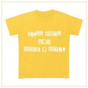 kiss hugs and rock n roll kids t-shirt in yellow