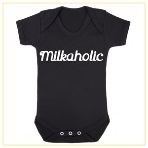milkaholic novelty baby onesie in black