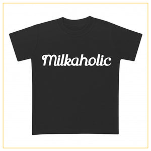 black t-shirt for babies with milkaholic print
