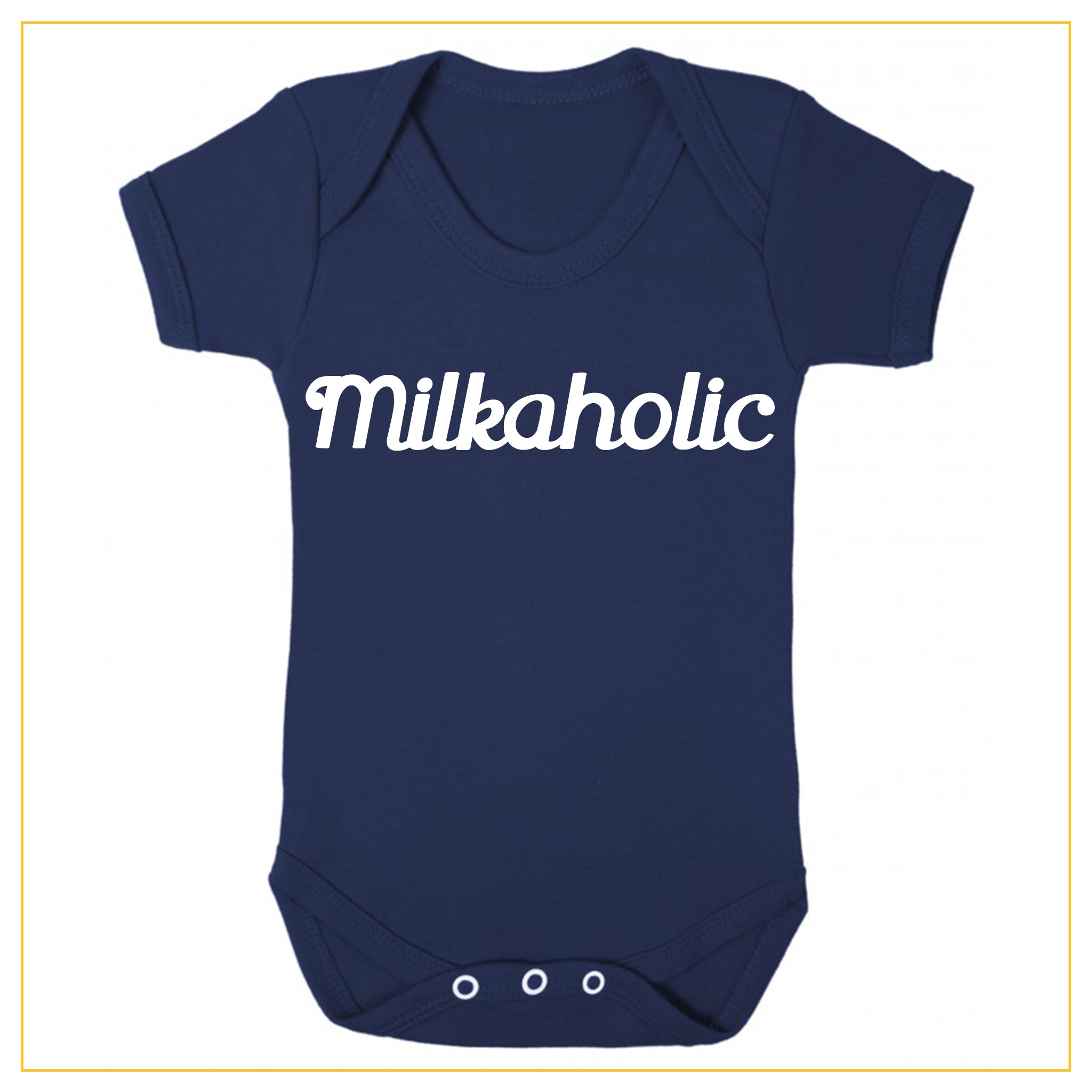 milkaholic novelty baby onesie in navy blue