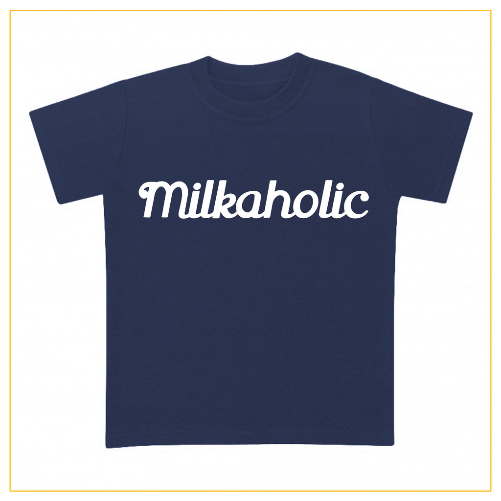 navy blue t-shirt for babies with milkaholic print