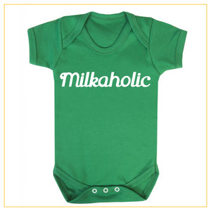 milkaholic novelty baby onesie in green