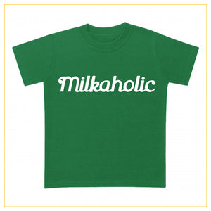 green t-shirt for babies with milkaholic print