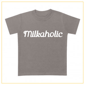 grey t-shirt for babies with milkaholic print