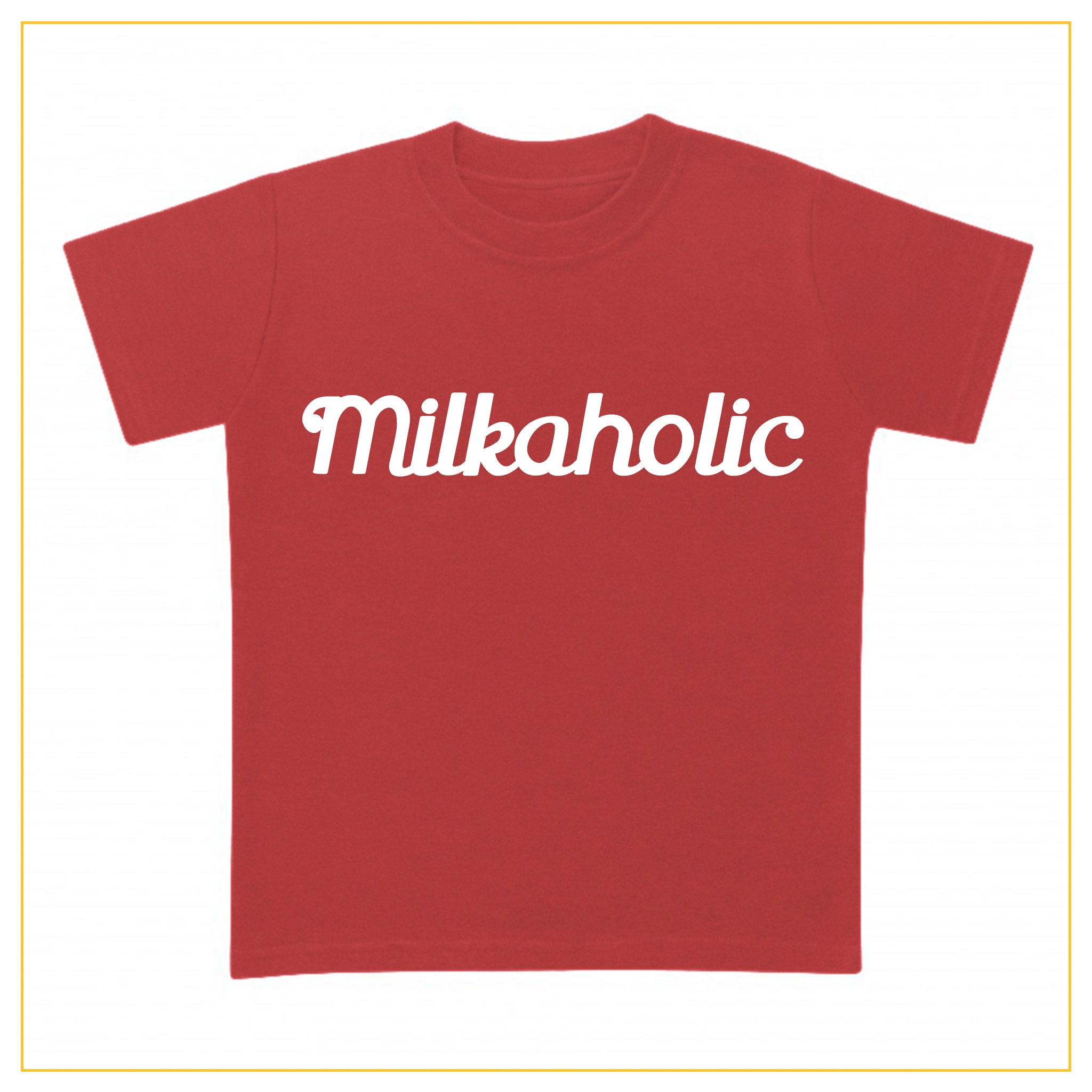 red t-shirt for babies with milkaholic print