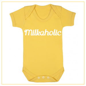milkaholic novelty baby onesie in yellow