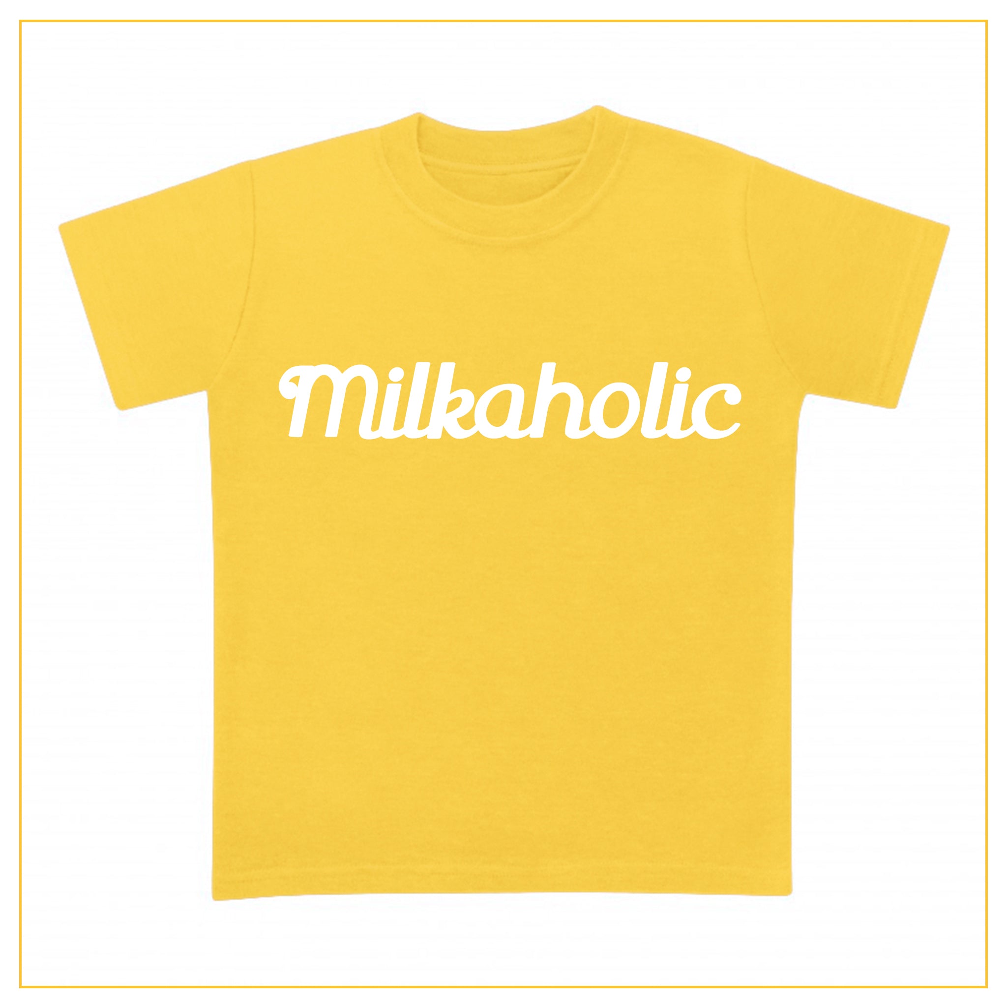 yellow t-shirt for babies with milkaholic print