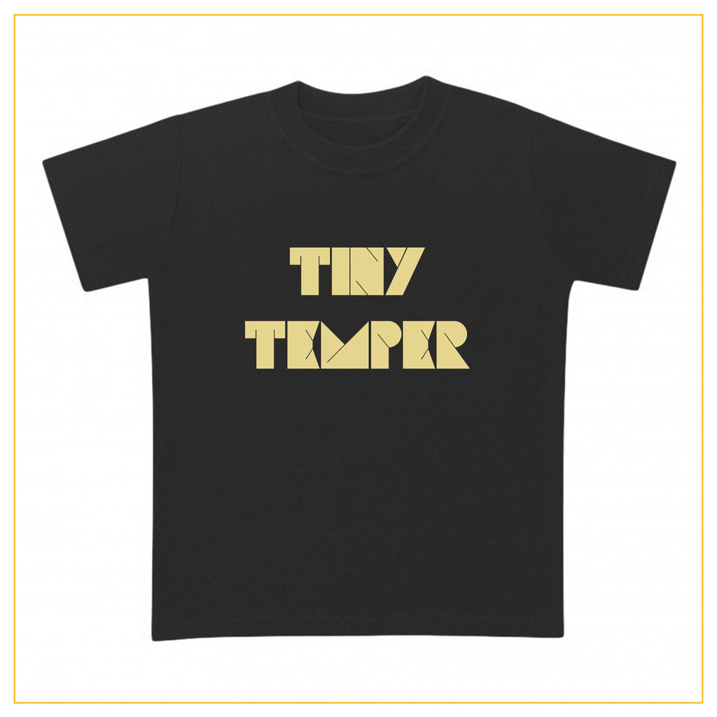 kids black t-shirt with tiny temper print in gold