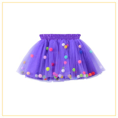 purple tulle tutu with multicoloured pompoms