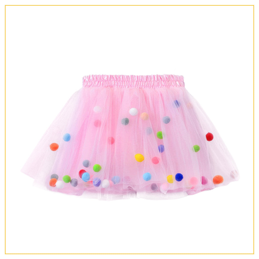 pink tulle tutu with multicoloured pompoms