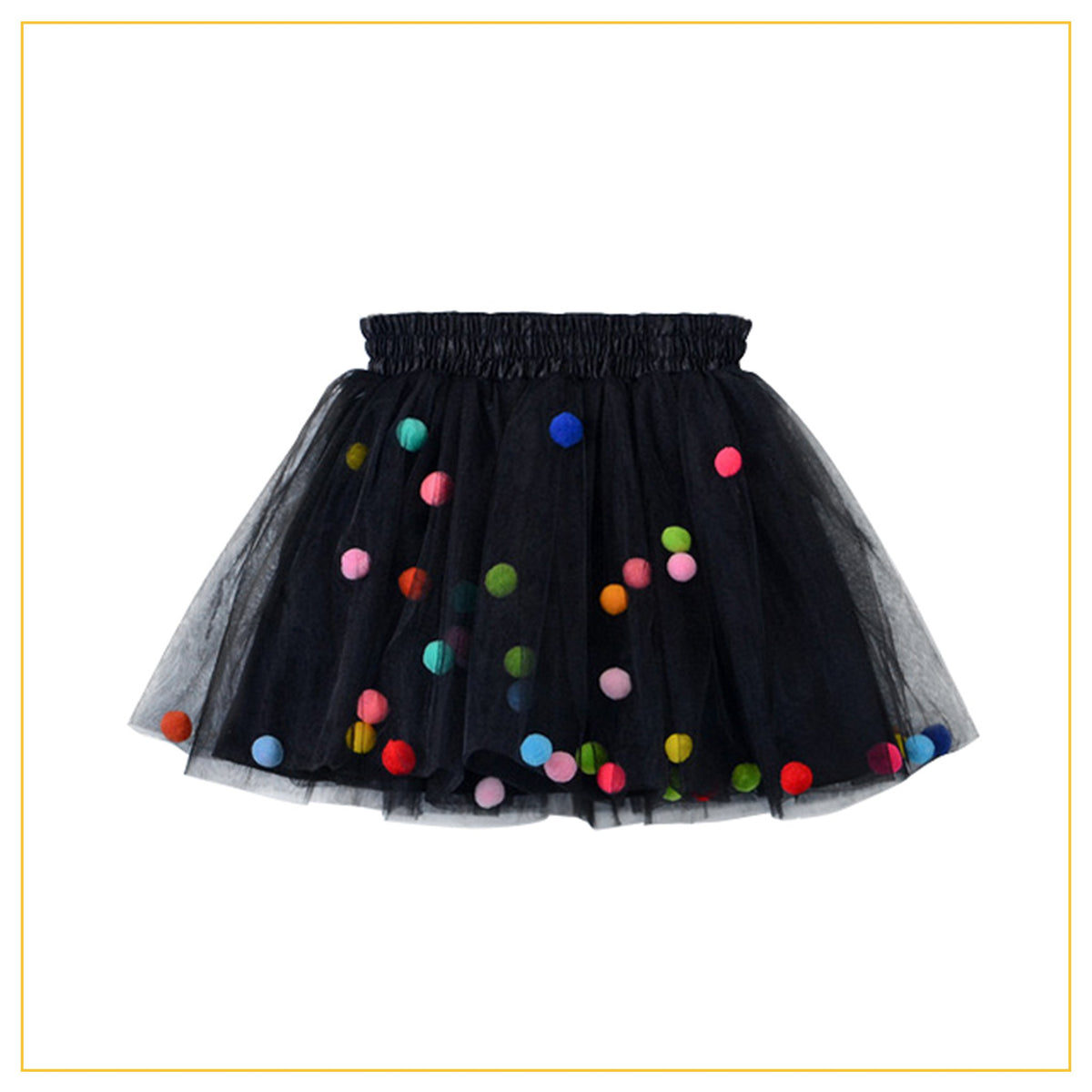 black tulle tutu with multicoloured pompoms