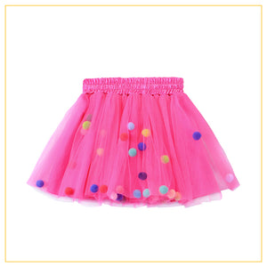 hot pink tulle tutu with multicoloured pompoms