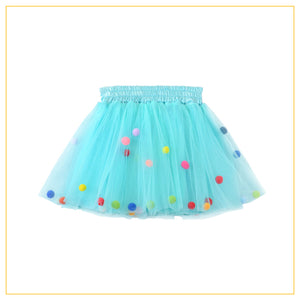 turquoise tulle tutu with multicoloured pompoms