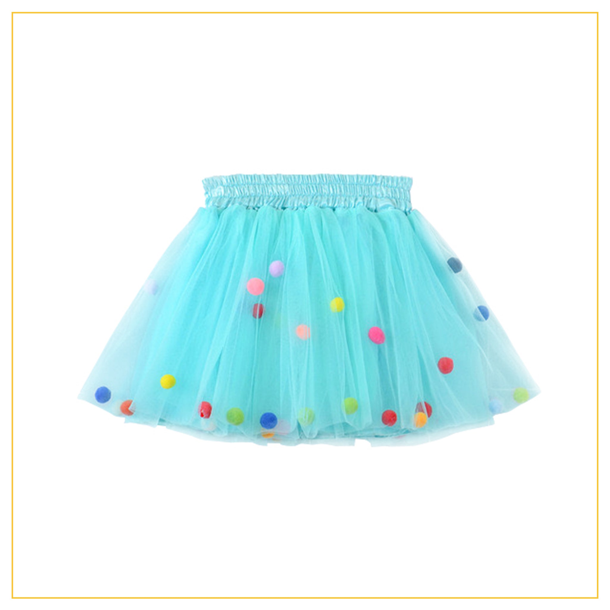 turquoise tulle tutu with multicoloured pompoms