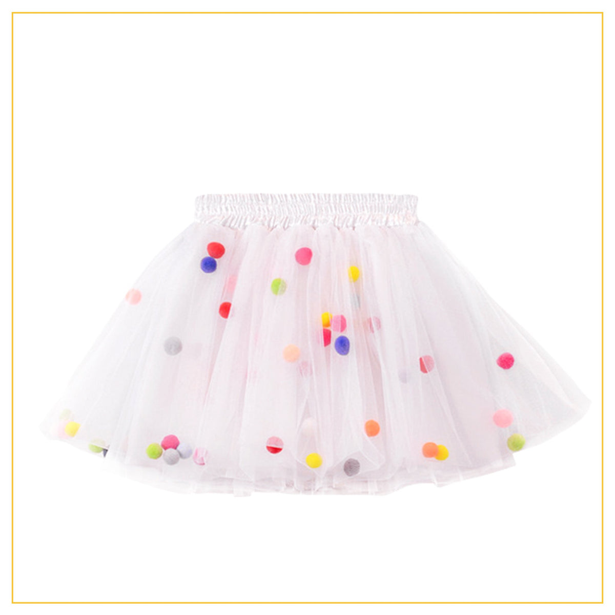 white tulle tutu with multicoloured pompoms